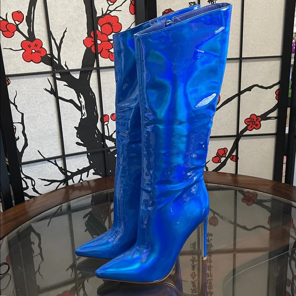 Nova Patent Knee-High Stiletto Boots in Vibrant Blue with 4.5” heels